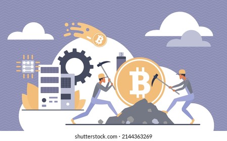 Crypto Money, Digital Currency Technology. Tiny Men Miners Mining Bitcoin With Pickaxes, Data Mining Process Flat Vector Illustration. Cryptography, Financial Investment And Cryptocurrency Concept