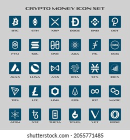 Crypto Money Logo (icon) set - crypto currency icons images: BitCoin, DogeCoin, BNB, IOTA, BitConnect, DOT, Bytecoin, Dash, Litecoin, Augur, FTM, Nem, Ethereum, SOL, Dash, Stratis, Ripple,