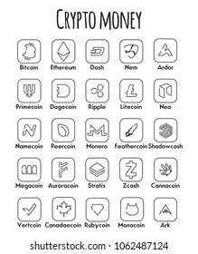 Crypto Money minimalist style vector icon: Bitcoin, Ethereum, Ripple, Dash, Nem, Dogecoin, Litecoin, Monero, Zcash, Namecoin, Peercoin, Feathercoin, Primecoin, Megacoin, Primecoin, Neo. 