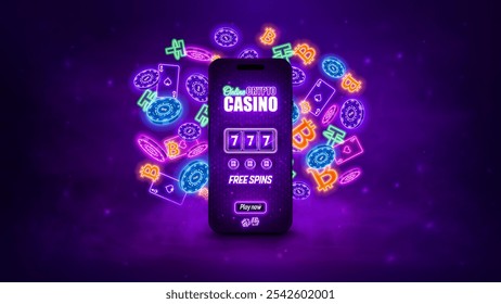 Crypto online Casino, banner digital com smartphone, slot machine Casino, cartões de néon, fichas de poker e sinal de criptomoeda оn fundo roxo escuro com nevoeiro. Ilustração vetorial