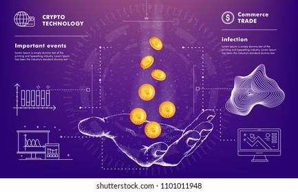 Crypto online commerce. Mining bitcoin technology on autonomic computing program and trade platform. Trendy design in awesome really style.