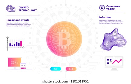 Crypto online commerce. Mining bitcoin technology on autonomic computing program and trade platform. Trendy design in awesome really style.