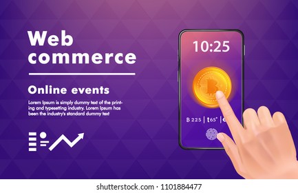 Crypto online commerce. Mining bitcoin technology on autonomic computing program and trade platform. Trendy design in awesome really style.