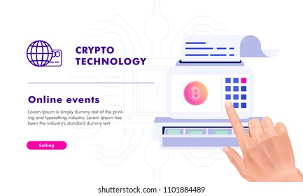 Crypto online commerce. Mining bitcoin technology on autonomic computing program and trade platform. Trendy design in awesome really style.