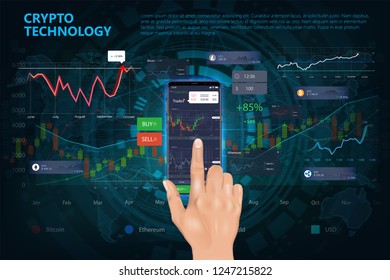 Crypto online commerce. Mining bitcoin technology on autonomic computing program and trade platform. Online trading signals to buy and sell currency on the forex chart concept. Realistic style