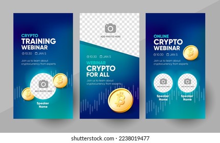 Crypto online webinar social media story template. Background and bitcoin illustration for cryptocurrency webinar banner design with a place for a picture in vector. 