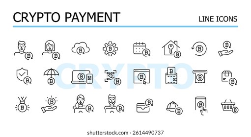 Crypto payment. Bitcoin and other remote finances. Vector icon set