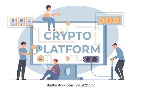 Crypto platform concept with technology symbols flat vector illustration
