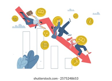 Crypto price falls, The value of cryptocurrencies continue to falling, Risk in trading markets, Investors hold bitcoins and other coins depreciate as the red arrow, Flat vector design illustration.