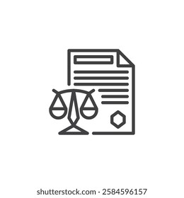 Crypto Regulations line icon. linear style sign for mobile concept and web design. A document with a legal balance scale outline vector icon. Symbol, logo illustration. Vector graphics