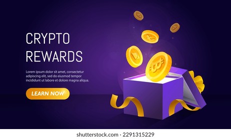 Crypto rewards banner. Box with bitcoins, cryptocurrency. Blockchain technology and electronic money. Gift and surprises, special offer for loyal buyers. Cartoon isometric vector illustration