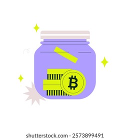 Crypto savings jar with Bitcoin and cash in flat vector illustration symbolizing digital currency and investment, isolated on white background