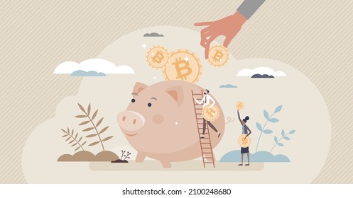 Crypto savings and money accumulation with virtual cash tiny person concept. Digital online bank account with blockchain currency vector illustration. Save your profit in piggy with income mining.