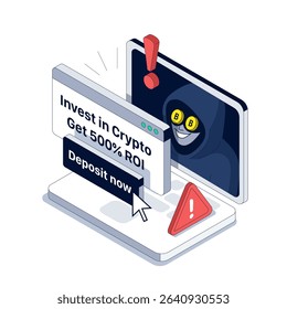 Crypto scam website tricks users with fake investment offer. Hacker hides behind screen promising unrealistic returns. Online fraud uses phishing tactics to steal digital assets