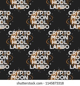 Crypto seamless concept. Moon and hodl pattern with moon and cryptocurencies symbols. Blockchain wallpaper background. Stock vector illustration in retro style.