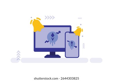 Crypto Security Alert – Monitor and Smartphone with Virus Symbol, Curved Arrow, and Notification Bells