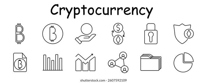 Crypto set icon. Bitcoin, hand, exchange arrows, padlock, shield, document, bar chart, analytics, network, folder, pie chart. Finance, digital protection, data, market trends, economy, security