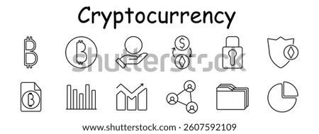 Crypto set icon. Bitcoin, hand, exchange arrows, padlock, shield, document, bar chart, analytics, network, folder, pie chart. Finance, digital protection, data, market trends, economy, security
