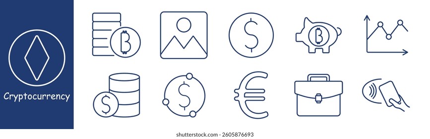 Crypto set icon. Coin stacks, dollar symbol, piggy bank, euro sign, case, payment, chart, blockchain, financial technology, economy, investment, banking, currency