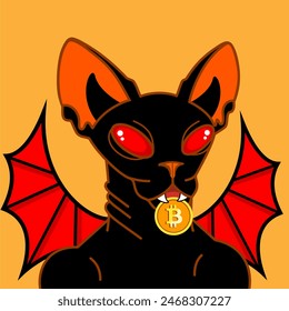 Criptoesfinge gato negro diablo con bitcoin moneda y alas de murciélago