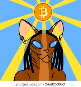 crypto sphinx cat under the sun with a bitcoin coin