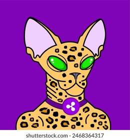 Crypto Sphynx leopard cat on a purple background in a Ripple collar