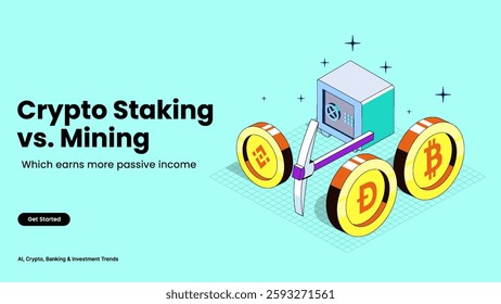 Crypto Staking vs. Mining – Comparing Earning Strategies with Coins, Equipment, and Blockchain Visuals | Cryptocurrency and Finance Vector Design