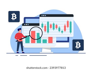 Crypto or stocks market graph and candlestick chart on desktop computer screen, Technical analysis, Trading, Finance concept flat vector illustration