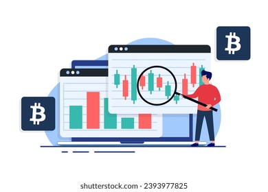 Gráfico de mercado de criptografía o existencias y gráfico de candlestick en pantalla de ordenador portátil, análisis técnico, comercialización, concepto de finanzas ilustración vectorial plana
