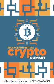 Crypto Summit. Blockchain Festival. Digital money and smart online technology. Finance, banking and business illustration. Cryptocurrency mining. Bitcoin logo. Flat design. Vector poster