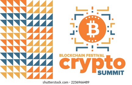 Crypto Summit. Blockchain Festival. Digital money and smart online technology. Finance, banking and business illustration. Cryptocurrency mining. Bitcoin logo. Flat design. Vector poster