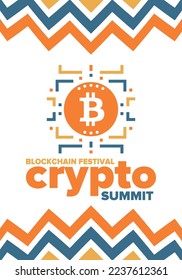 Crypto Summit. Blockchain Festival. Digital money and smart online technology. Finance, banking and business illustration. Cryptocurrency mining. Bitcoin logo. Flat design. Vector poster