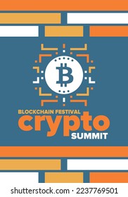 Crypto Summit. Blockchain Festival. Digital money and smart online technology. Finance, banking and business illustration. Cryptocurrency mining. Bitcoin logo. Flat design. Vector poster