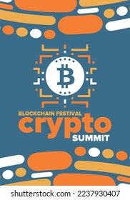 Crypto Summit. Blockchain Festival. Digital money and smart online technology. Finance, banking and business illustration. Cryptocurrency mining. Bitcoin logo. Flat design. Vector poster