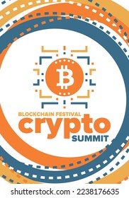 Crypto Summit. Blockchain Festival. Digital money and smart online technology. Finance, banking and business illustration. Cryptocurrency mining. Bitcoin logo. Flat design. Vector poster