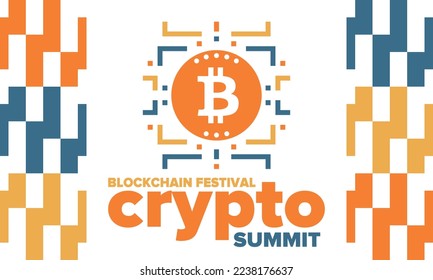 Crypto Summit. Blockchain Festival. Digital money and smart online technology. Finance, banking and business illustration. Cryptocurrency mining. Bitcoin logo. Flat design. Vector poster