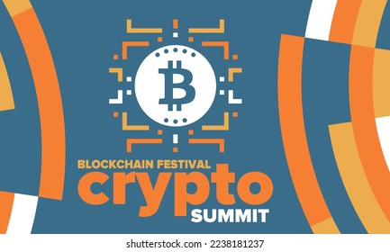 Crypto Summit. Blockchain Festival. Digital money and smart online technology. Finance, banking and business illustration. Cryptocurrency mining. Bitcoin logo. Flat design. Vector poster