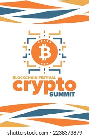 Crypto Summit. Blockchain Festival. Digital money and smart online technology. Finance, banking and business illustration. Cryptocurrency mining. Bitcoin logo. Flat design. Vector poster