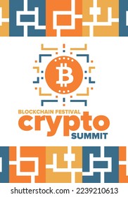 Crypto Summit. Blockchain Festival. Digital money and smart online technology. Finance, banking and business illustration. Cryptocurrency mining. Bitcoin logo. Flat design. Vector poster