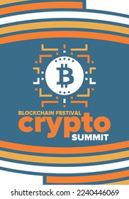 Crypto Summit. Blockchain Festival. Digital money and smart online technology. Finance, banking and business illustration. Cryptocurrency mining. Bitcoin logo. Flat design. Vector poster