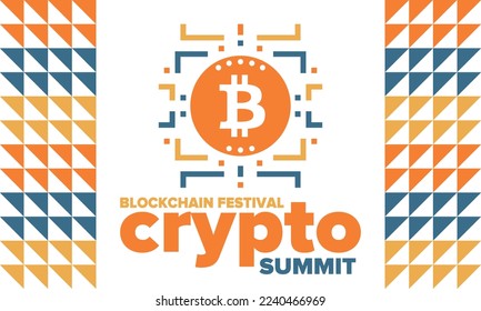 Crypto Summit. Blockchain Festival. Digital money and smart online technology. Finance, banking and business illustration. Cryptocurrency mining. Bitcoin logo. Flat design. Vector poster