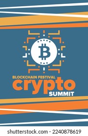 Crypto Summit. Blockchain Festival. Digital money and smart online technology. Finance, banking and business illustration. Cryptocurrency mining. Bitcoin logo. Flat design. Vector poster