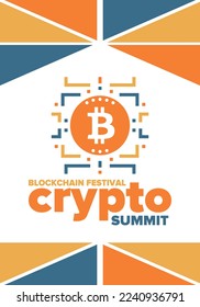 Crypto Summit. Blockchain Festival. Digital money and smart online technology. Finance, banking and business illustration. Cryptocurrency mining. Bitcoin logo. Flat design. Vector poster