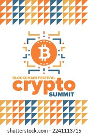 Crypto Summit. Blockchain Festival. Digital money and smart online technology. Finance, banking and business illustration. Cryptocurrency mining. Bitcoin logo. Flat design. Vector poster