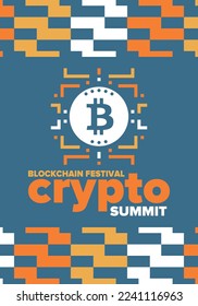 Crypto Summit. Blockchain Festival. Digital money and smart online technology. Finance, banking and business illustration. Cryptocurrency mining. Bitcoin logo. Flat design. Vector poster