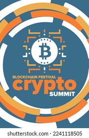 Crypto Summit. Blockchain Festival. Digital money and smart online technology. Finance, banking and business illustration. Cryptocurrency mining. Bitcoin logo. Flat design. Vector poster