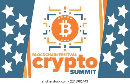 Crypto Summit. Blockchain Festival. Digital money and smart online technology. Finance, banking and business illustration. Cryptocurrency mining. Bitcoin logo. Flat design. Vector poster