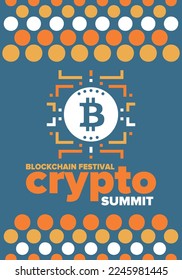 Crypto Summit. Blockchain Festival. Digital money and smart online technology. Finance, banking and business illustration. Cryptocurrency mining. Bitcoin logo. Flat design. Vector poster