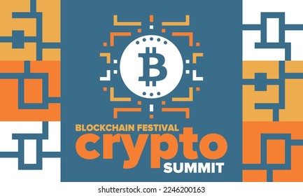 Crypto Summit. Blockchain Festival. Digital money and smart online technology. Finance, banking and business illustration. Cryptocurrency mining. Bitcoin logo. Flat design. Vector poster