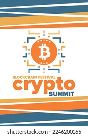 Crypto Summit. Blockchain Festival. Digital money and smart online technology. Finance, banking and business illustration. Cryptocurrency mining. Bitcoin logo. Flat design. Vector poster